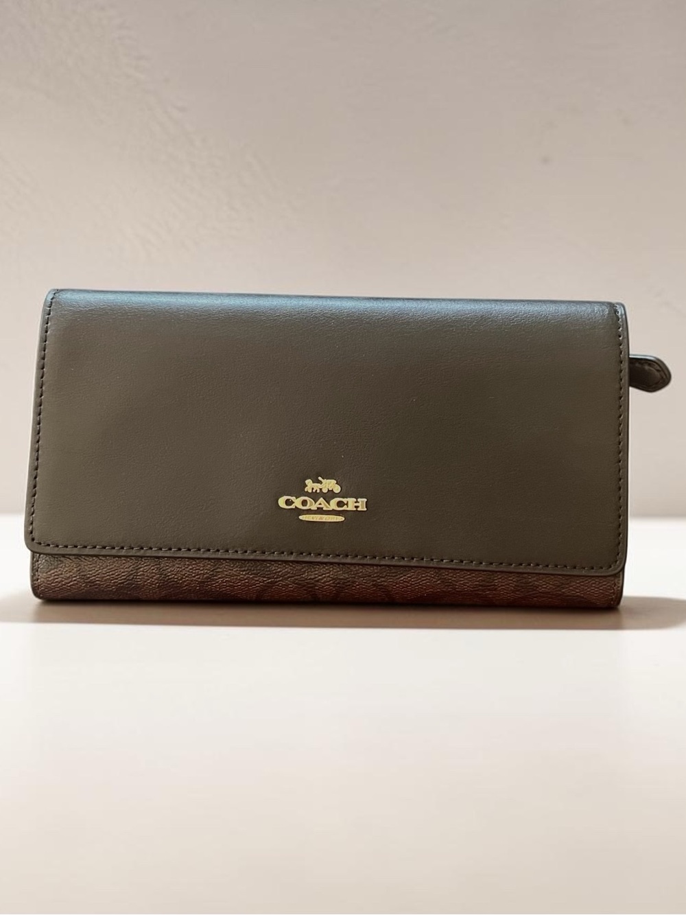 COACH Signature Trim Trifold Wallet | Espresso Brown & Black Leather | MSRP $250